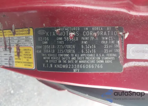 2006 Kia Sedona Ex/Lx из США, поврежденный, VIN KNDMB233866066766